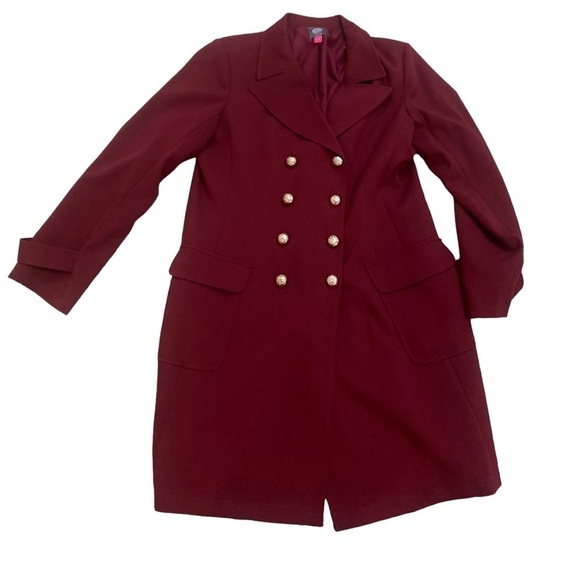 Vince Camuto double breasted coat gold tone logo buttons lined merlot large - Picture 4 of 12